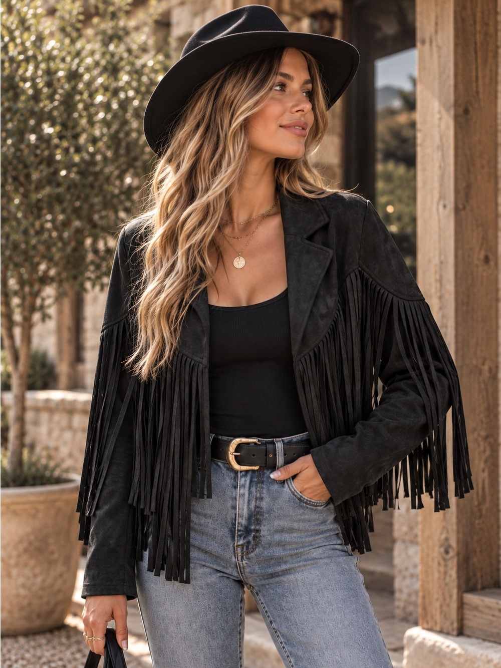 Vegan Suede Fringe Cowgirl Jacket Western Tassel Jacket in Black